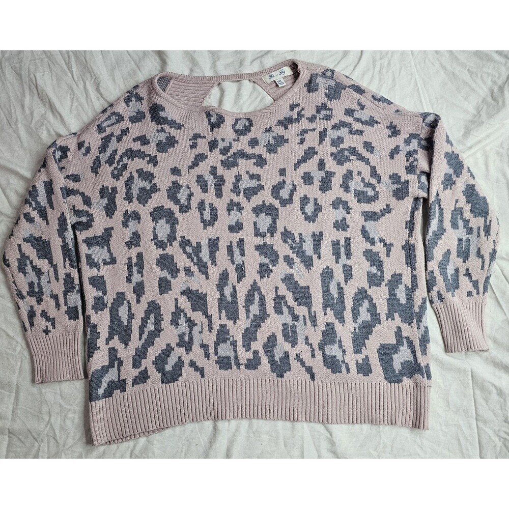 She+Sky Leopard Print Open Back Crossover Knit Cardigan Pink Gray Women’s M/L